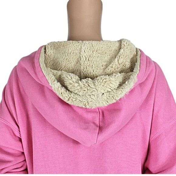 American Eagle Hoodie Sweatshirt Pullover Faux Fur Lined Pink Women’s Small - Picture 4 of 9